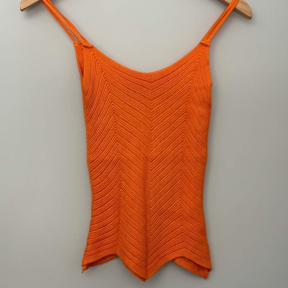 Handmade Y2K Orange Chevron Knit Tank Top Handkerchief Hem Spaghetti Strap XS S - Picture 3 of 8